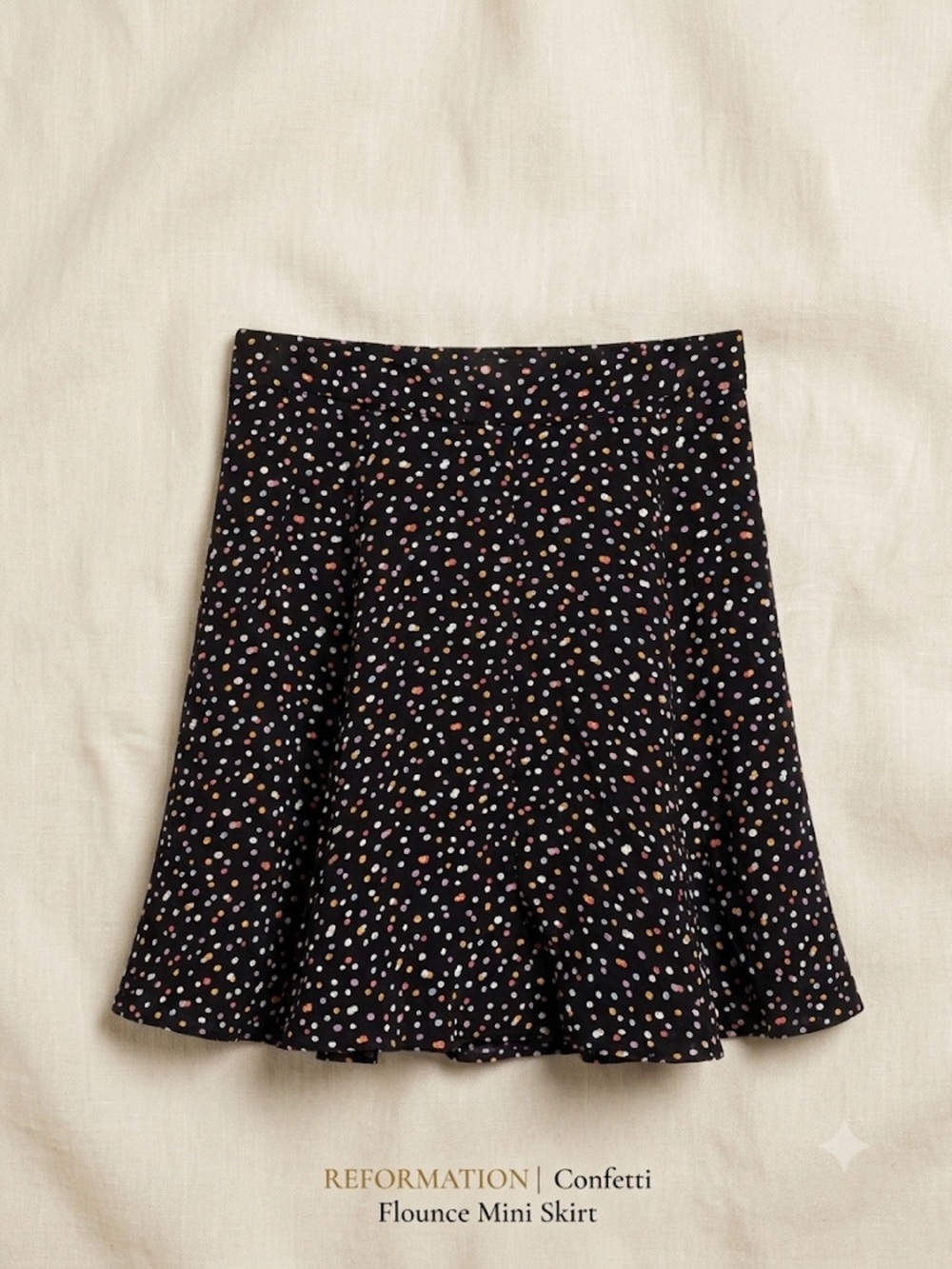 Reformation Confetti Flounce Mini Skirt Black Multicolor Polka Dot Size 0 EUC